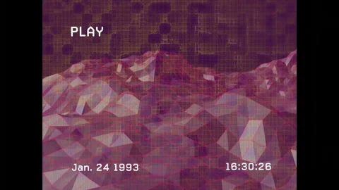 Retro PLAY flashing timecode incrementing camera drifting across lowpoly peak Video stock 313308240