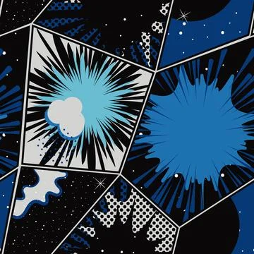 Retro Pop Art comic explosive bubbles seamless pattern. Blue cosmic vintage 스톡 일러스트