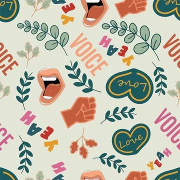 Retro Pop Art Seamless Pattern with Raised Fist, Mouth, Leaves, and Typograph 库存插图
