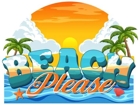 Retro Pop Typography Beach Please Illustration with Sunset and Palm Trees 스톡 일러스트