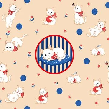 Retro pop vintage seamless pattern with cute white cats on cream background 스톡 일러스트