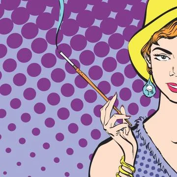 Retro posing model with long cigarette. Women with long cigarette. Stock Illustration