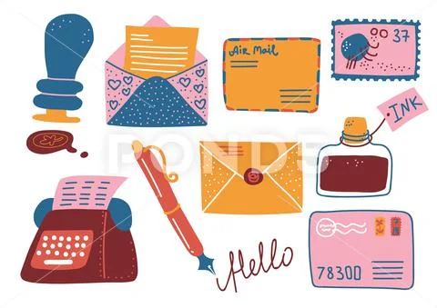 Retro Post Supplies Set, Mailbox, Letters, Postcard, Pen, Inkwell, Typewriter Stock Illustration