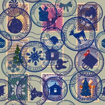 Retro postal stamp seamless pattern Christmas old postage stamps Stock Illustration