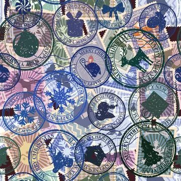 Retro postal stamp seamless pattern Christmas old postage stamps Stock Illustration
