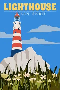 Retro Poster Lighthouse tower, beacon on seashore ocean Stock Illustration