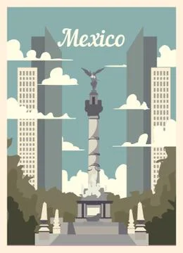 Retro poster Mexico city skyline. Mexico vintage Stock Illustration
