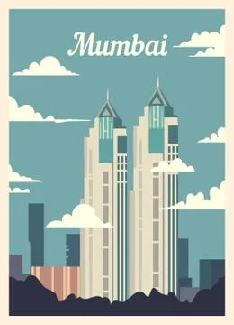 Retro poster Mumbai city skyline. vintage vector illustration. Stock Illustration