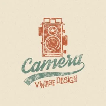 Retro poster or logo template with old camera icon. Isolated on grunge halftone 스톡 일러스트