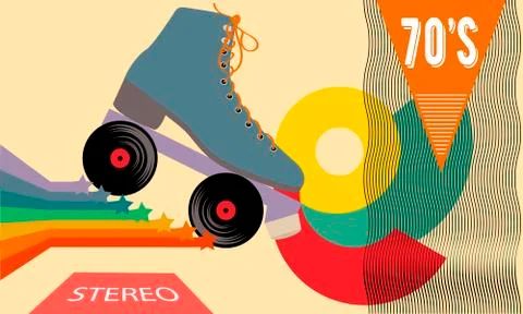 Retro poster in the style of the 70s. Roller skates, stars, music and records Stock Illustration
