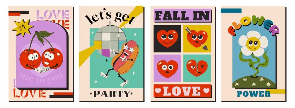 Retro posters with psychedelic comic characters, groovy hippie elements Stock Illustration