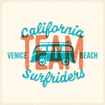 Retro Print Style Surfing Vector Label or Logo Template. Surf Van with Surfboard Stock Illustration