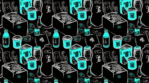 Retro product tag pattern with Asian snacks and comics details — Vertical motion Stock Footage 308071425