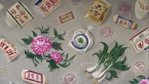 Retro product tag pattern of Thai food labels and borders Stock Footage 308033258