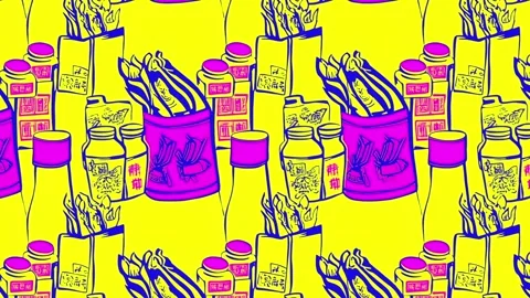 Retro product tag pattern with Thai food labels and stamps — Horizontal motion Video stock 308070551