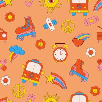 Retro psychedelic seamless patterns, groovy hippie backgrounds. Vector hippy Illustrazione stock