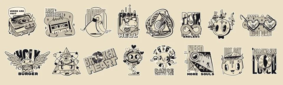 Retro psychedelic stickers, abstract comic patches Illustrazione stock