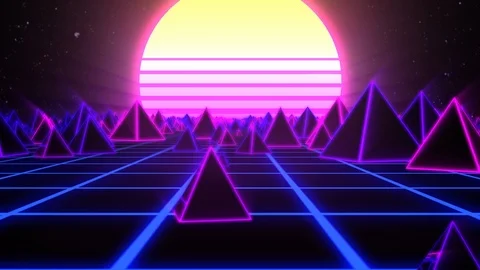 Retro Pyramids on 80s Synthwave Neon Landscape with Glowing Sun Stock Footage 120965455