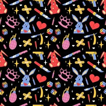 Retro rabbit pattern seamless. Doodle toy. Crime bunny. Funny angry pet. Hare Stock Illustration