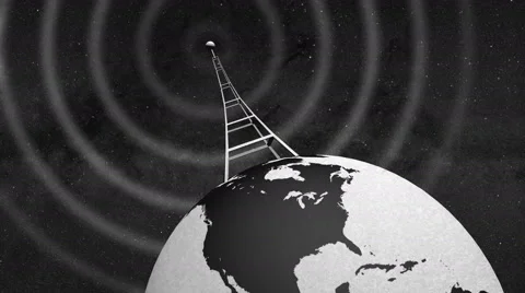 Retro Radio Tower on rotating globe and emitting radio waves - close tilted Stock Footage