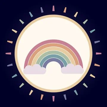Retro rainbow emblem with circular sun rays border design for vintage cloth.. Иллюстрация