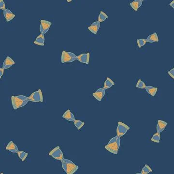 Retro random seamless pattern with orange hourglass elements. Navy blue backg Stock Illustration