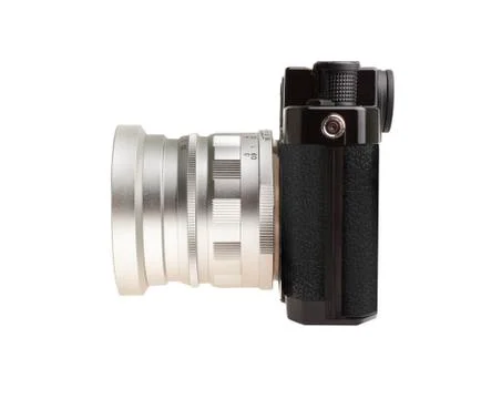 Retro rangefinder camera side view isolated on white Stock Photos