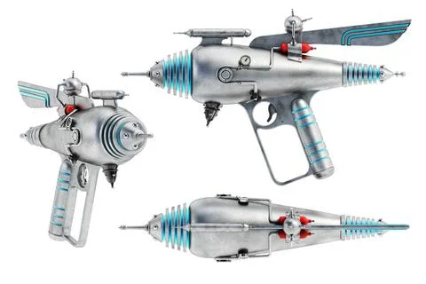 Retro ray gun rendering from various views isolated on white background. 3... Stock Photos