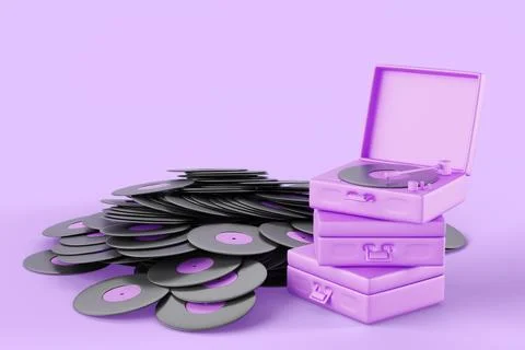Retro record player and stack of black vinyl discs on purple background 3d Stock Illustration