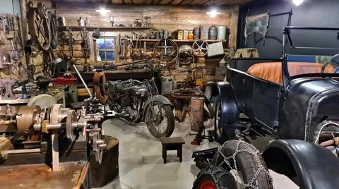 Retro recreated workshop with tools at the Motor Museum in the Latvian capita Stock Photos