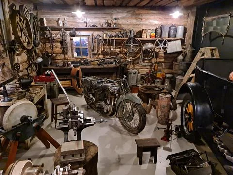 Retro recreated workshop with tools at the Motor Museum in the Latvian capita Stock Photos