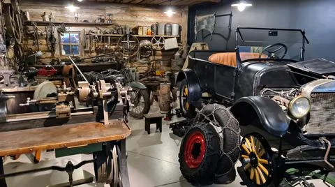 Retro recreated workshop with tools at the Motor Museum in the Latvian capita Stock Photos