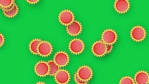 Retro Red and Yellow Bottle Caps Falling on Green Background Stock Footage 339754646