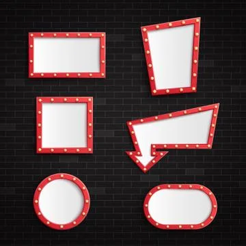 Retro red blank frames with illuminated light bulbs on dark brick wall Stock Illustration