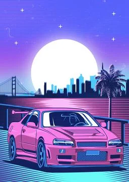 Retro red Car Synthwave Poster with vaporwave sunset, neon gradient background Stock Illustration