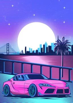 Retro red Car Synthwave Poster with vaporwave sunset, neon gradient background Illustrazione stock