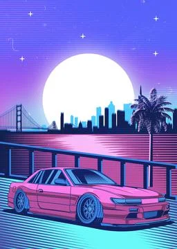 Retro red Car Synthwave Poster with vaporwave sunset, neon gradient background Stock Illustration