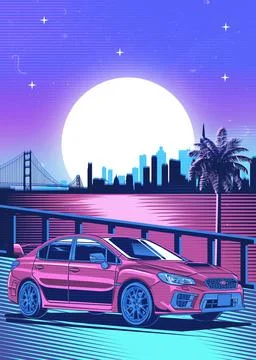 Retro red Car Synthwave Poster with vaporwave sunset, neon gradient background Illustrazione stock