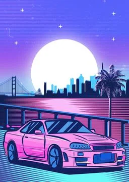 Retro red Car Synthwave Poster with vaporwave sunset, neon gradient background Stock Illustration