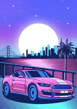 Retro red Car Synthwave Poster with vaporwave sunset, neon gradient background Illustrazione stock