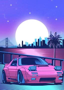Retro red Car Synthwave Poster with vaporwave sunset, neon gradient background Stock Illustration