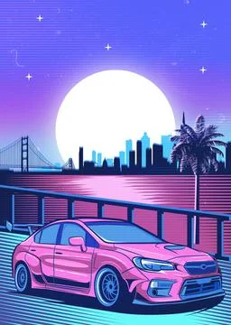 Retro red Car Synthwave Poster with vaporwave sunset, neon gradient background Stock Illustration