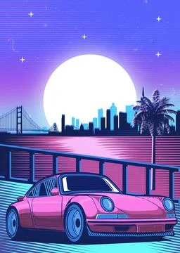 Retro red Car Synthwave Poster with vaporwave sunset, neon gradient background Stock Illustration