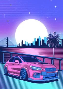 Retro red Car Synthwave Poster with vaporwave sunset, neon gradient background Illustrazione stock