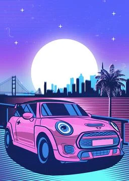 Retro red Car Synthwave Poster with vaporwave sunset, neon gradient background Stock Illustration