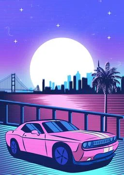 Retro red Car Synthwave Poster with vaporwave sunset, neon gradient background Illustrazione stock