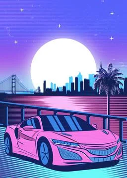 Retro red Car Synthwave Poster with vaporwave sunset, neon gradient background Stock Illustration