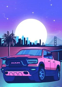 Retro red Car Synthwave Poster with vaporwave sunset, neon gradient background Illustrazione stock