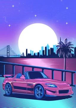 Retro red Car Synthwave Poster with vaporwave sunset, neon gradient background Illustrazione stock