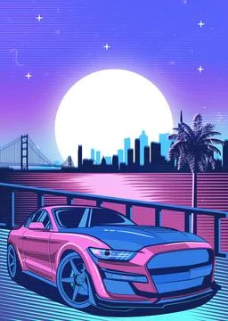 Retro red Car Synthwave Poster with vaporwave sunset, neon gradient background Illustrazione stock